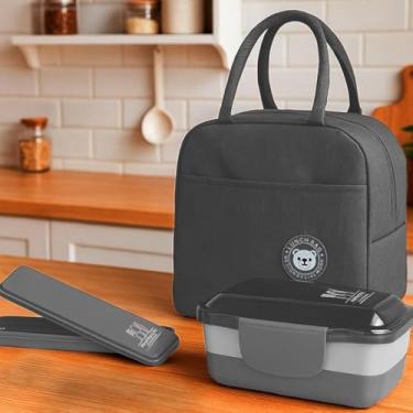 Imagem de Kit Bolsa Térmica Lancheira Necessaire com Porta Talheres Portátil e Pote Marmita 2 Andares de 950ml Para Vaigem Armazena Aliementos Primum (Cinza)