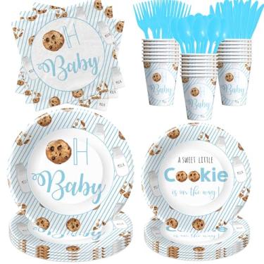 Imagem de HOAKWA Decorações de chá de bebê com leite e biscoitos, utensílios de mesa azuis, biscoitos pequenos estão a caminho, suprimentos de festa, pratos de jantar, pratos de sobremesa, copos de papel