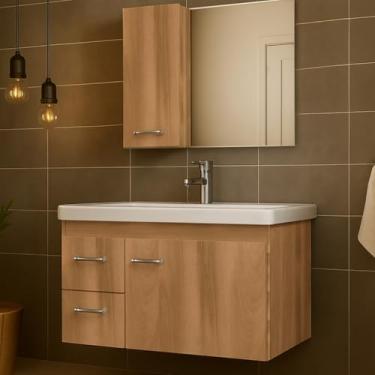 Imagem de Kit Gabinete de Banheiro 73cm – Com Cuba e Espelho, Armário Quality Organizador para Higiene e Cosméticos Doméstico (Freijó)