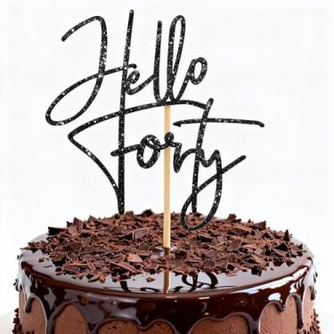 Imagem de Hello 40 Cake Topper – Cartolina dupla face com glitter Hello Quarenta decoração de bolo, suprimentos para festa de 40 anos, topo de bolo preto sem queda para celebração de 40 anos