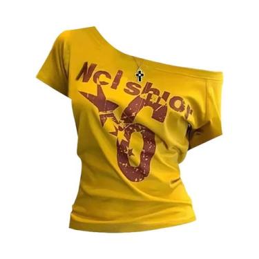Imagem de Camiseta Cropped Feminina Y2K Com Ombro a Descoberto, Estampa De Letra