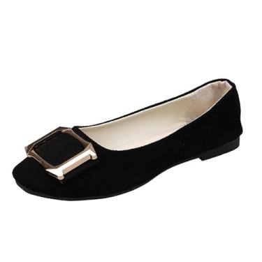 Imagem de Tênis feminino casual cor doce com fivela decorativa e bico quadrado tamanho grande para trabalho e dia a dia, Preto, 34
