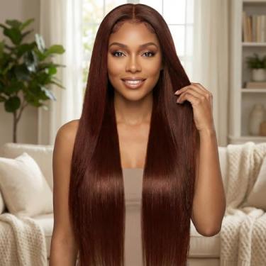 Imagem de Peruca de cabelo humano liso frontal para mulheres, 33 x 10 cm, sem cola, pré-arrancada, transparente, renda, frontal, longa, lisa, aparência natural, 76 cm, marrom escuro