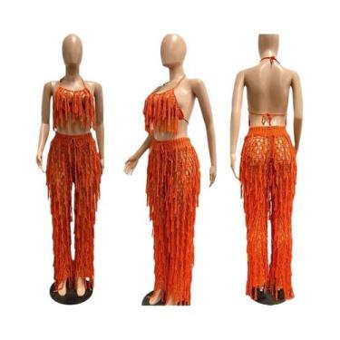 Imagem de Conjunto De Praia Feminino Sexy Em Crochê Com Franjas, Top Cropped Com