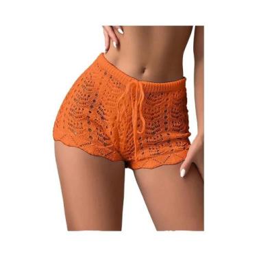 Imagem de Cintura aberta de malha biquíni feminino, calções com cordão oco, poly