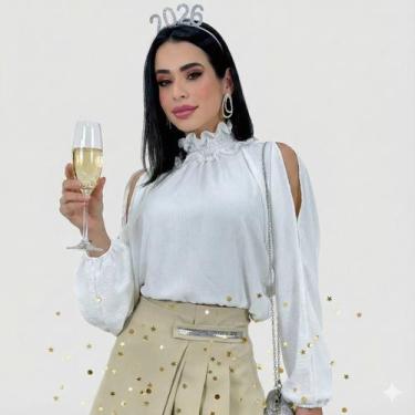 Imagem de Blusa Bata Feminina Gola Alta Manga Bufante Ombro Vazado - SWISS BOUTI