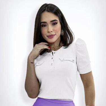 Imagem de Blusa Feminina Canelada Manga Curta Bufante Social Botões - Swiss Bout