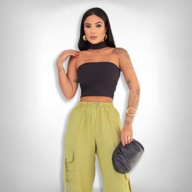 Imagem de Blusa Cropped Feminino sem alça Canelado Choker Verão - SWISS BOUTIQUE