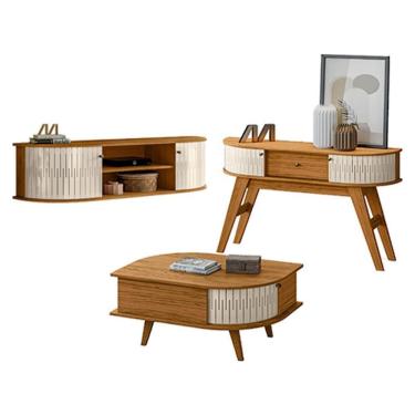 Imagem de Rack Bancada Suspensa Modena com Aparador Estoril e Mesa de Centro Indianápolis Naturale Off White – Madetec