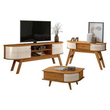 Imagem de Rack Bancada Valência e Aparador Estoril com Mesa de Centro Indianápolis Naturale Off White – Madetec