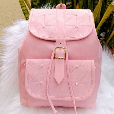 Imagem de Mochila Feminina para Notebook OEM Couro Sintético 37x40x15 Rosa Bebê Pequena Leve com Bolso Frontal
