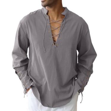 Imagem de Camisa CTU masculina de algodão, linho, cordão, faixa, faixa, cinza M