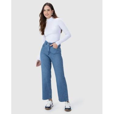 Imagem de Calça Straight Cropped Feminina Cintura Alta Em Jeans 100% Algodão - M