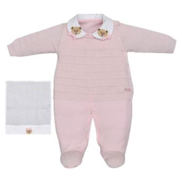 Imagem de Macacão Bebê Longo Suedine e Tricô Rosa com Toalhinha de Boca Upi Uli,
