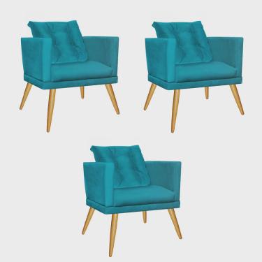 Imagem de Kit 03 Poltrona Cadeira Kim Luxo Confort Com almofada Solta Pé Caramelo Suede Azul Turquesa - Ahazzo Móveis