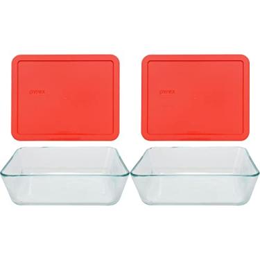 Imagem de Conjunto de 3 xícaras de vidro retangular Pyrex para armazenamento de alimentos, Vermelho, 11 cup Containers (Pack of 2), 1