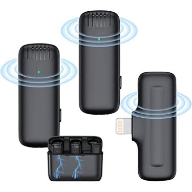Imagem de 2 peças Microfone de lapela sem fio, microfone sem fio para iPhone iPad, microfone de lapela plug-play de 2,4 GHz com estojo de carregamento para gravação, YouTube, transmissão ao vivo do Facebook, redução de ruído de 3 níveis/sincronização automáticaara (J13-IOS-2 peças)