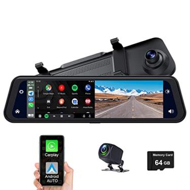 Imagem de Câmera de painel retrovisor para carros com Carplay Android Auto 12 polegadas 2K + 1080p duas câmeras BT função de música commmand Time-lapse vídeo (cartão TF de 64 GB incluído)