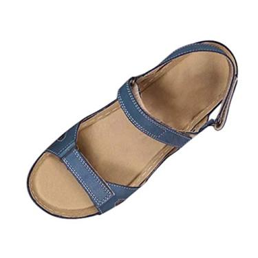 Imagem de Sandálias anabela para mulheres abertas casuais femininas plataforma ao ar livre sandálias de dedo de praia sólidas sapatos femininos casuais, Azul, 5.5