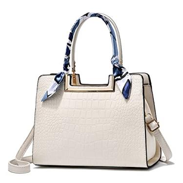 Imagem de Bolsa feminina com alça superior e estampa de crocodilo bolsa de couro elegante e grande bolsa transversal com zíper, Branco