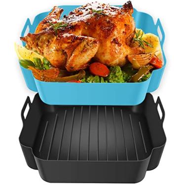 Imagem de 2 peças Air Fryer Silicone Pot Reutilizável Air Fryer Forros de Silicone com Alça Resistente ao Calor Cesta de Silicone Frigideira Quadrada Assadeira de Ar Fritadeira Acessórios Forros Assadeira para Forno Micro-Ondas