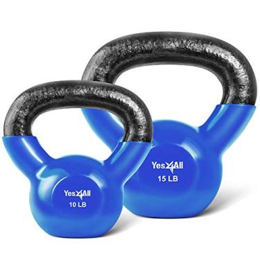 Imagem de Yes4All Conjunto de peso Kettlebell revestido de vinil combo – Ótimo para treino de corpo inteiro e treinamento de força – Vinyl Kettlebells 10 6,8 kg, azul, modelo: K9OF