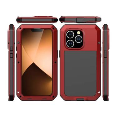 Imagem de Compatível com capa para iPhone 14 Pro, capa de metal resistente militar para esportes ao ar livre, à prova de choque, poeira, capa de corpo inteiro com protetor de tela temperado de vidro embutido (vermelho)