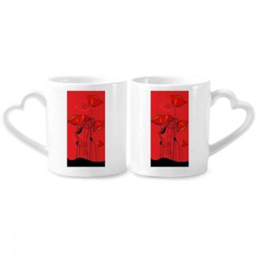 Imagem de Conjunto de canecas de porcelana para casal de milho com arte abstrata de flores vermelhas