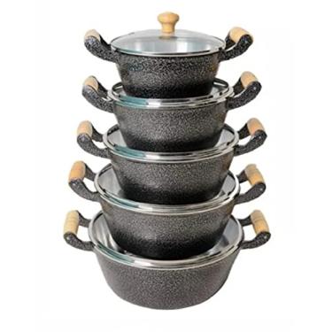 Imagem de Jogo De Panelas Craqueada Alumínio Batido Preta Com Tampa De Vidro 16 a 24cm