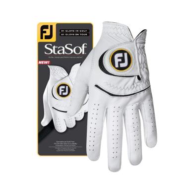Imagem de FootJoy Luva de golfe masculina StaSof Cadet branco 2GG, usada na mão esquerda