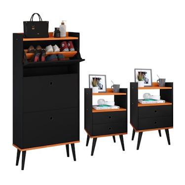 Imagem de Conjunto Sapateira Vertical 3 Gavetas Basculantes Organizadoras Dark e Kit 2 Mesinhas Canto Quarto Modernas Nicho Decorativo Dream RPM (Preto/Cinamomo)
