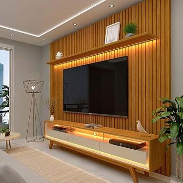Imagem de Rack Requinte Pés Madeira com Painel Ripado Nobre 230cm Led Tv 85 Polegadas Gelius Naturale/off White
