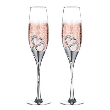 Imagem de Conjunto criativo de coração com diamantes taças de champanhe - copos de casamento para noiva e noivo - conjuntos de presentes de copos de brinde para casais - noivado, casamento, aniversário