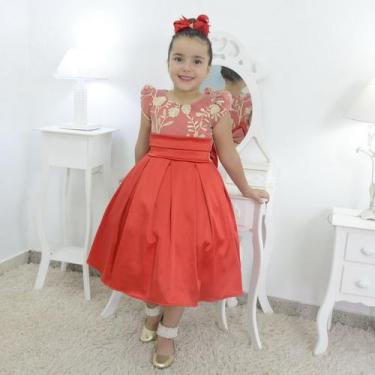 Imagem de Vestido Infantil Vermelho Com Tule Francês E Bordado Floral - Moderna