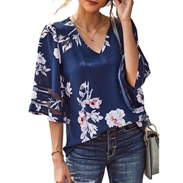 Imagem de Blusa de Chiffon Solta, Blusa Feminina de Chiffon Com Estampa Floral Refrescante Com Costura de Malha para Lazer (M)