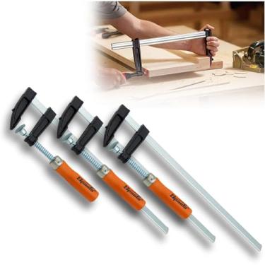 Imagem de Kit 3 Grampo Sargento Tipo F 12pol 30cm 63kg Ajuste Aperto Rápido Descerrar c/Cabo de Madeira P/Carpinteiro Marceneiro Fixação de Peças e Móveis 250x50x300mm