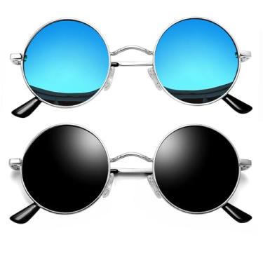 Imagem de Joopin Óculos de Sol Redondo Masculinos Femininos Polarizado, Pequeno Círculo Hippie Vintage Retrô Steampunk Metal Óculos de Sol (Preto Prata + Azul)