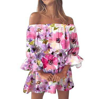 Imagem de Vestidos de verão para mulheres vintage estampa floral praia sexy ombro de fora túnica vestido de verão casual para mulheres, Rosa choque, GG