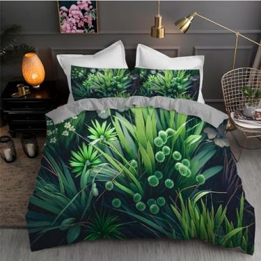 Imagem de Jogo de cama com 3 peças de capa de edredom com flores e plantas verdes, 172,7 x 228,6 cm e 2 fronhas, com fecho de zíper e laços