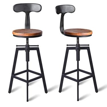 Imagem de FUBIRUO Banquetas de bar industriais com encosto vintage ajustável banco giratório de metal assento de madeira balcão altura extra alta bar cozinha cadeira de jantar 60-80 centímetros conjunto de 2