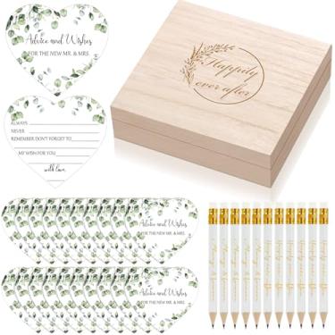 Imagem de Caixas de cartão de casamento para recepção caixa de memória de casamento de madeira rústica porta-cartões de casamento 50 peças de cartões de conselhos de casamento conselhos e desejos para o sr. e sra. e 10 peças de lápis para presente de chá de panela
