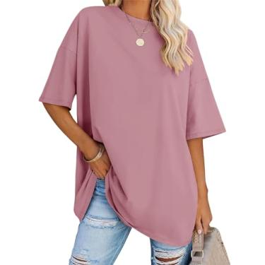Imagem de LOMON Camisetas femininas grandes de manga curta gola redonda para o verão, camisetas soltas, casuais, para mamãe, camiseta básica, Rosa poeira, XXG