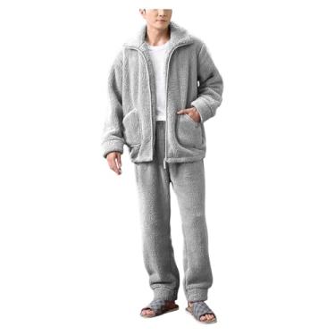 Imagem de Conjunto de pijama masculino de flanela de cor sólida, conjunto de pijama com zíper, 2 peças, Cinza-claro, G