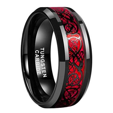 Imagem de TUTISS Anéis de tungstênio preto com revestimento de dragão celta de fibra de carbono e 8 mm, 8 mm, vermelho, verde, roxo, para homens, mulheres, alianças de casamento, bordas chanfradas, ajuste confortável, Metal não precioso, Sem pedra preciosa