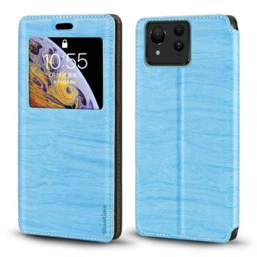 Imagem de Shantime Capa para Asus Zenfone 11 Ultra 5G, capa de couro de grão de madeira com suporte para cartão e janela, capa flip magnética para Asus Zenfone 11 Ultra 5G (6,7 polegadas) azul celeste