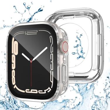 Imagem de Kawoco Pacote com 2 capas à prova d'água para Apple Watch Series 9 8 7 41 mm, protetor de tela 2 em 1, capa de vidro 9H frontal e traseira, capa rígida de policarbonato para iWatch de 41 mm,