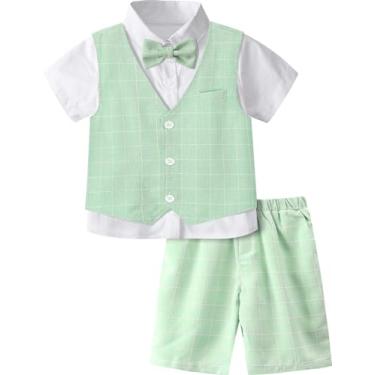 Imagem de A&J DESIGN Conjunto de terno curto para meninos 3 peças roupa formal de cavalheiro infantil, 4-11 anos, camisa + colete + shorts + gravata borboleta, Verde menta, 6-7 Anos