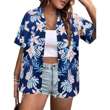 Imagem de IN'VOLAND Camisetas femininas plus size havaianas de verão com estampa floral trópica macia com botões e manga curta, Azul marinho, 17 Plus Size