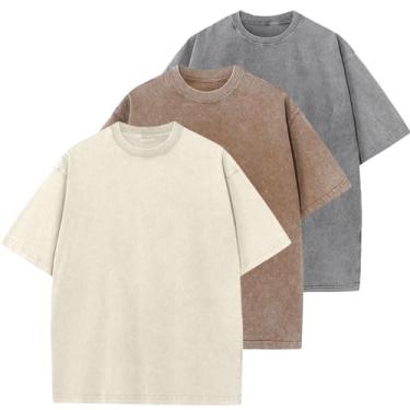 Imagem de Camisetas masculinas de algodão superdimensionadas unissex manga curta casual lavagem solta camisetas básicas sólidas, Bege + café + cinza, P