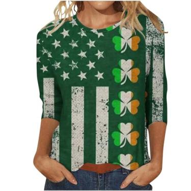Imagem de Camiseta feminina do Dia de São Patrício com estampa da bandeira irlandesa americana túnica verde manga 3/4 camisetas tops, Vermelho melancia, P